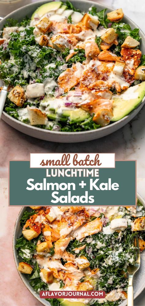 Salmon kale salad is one of my go-to lunches about once a week, and this is easily one of my favorite variations of it. This is a small batch salmon kale salad recipe that makes two entree-sized salads. It is made with massaged kale, seasoned baked salmon, crunchy everything bagel croutons, fresh avocado, red onion, and a creamy Caesar dressing made with Greek yogurt. Sure to become your new favorite summer salad recipe! Salmon Spinach Salad Recipes, Salmon Everything Bagel, Bagel Croutons, Salmon Kale Salad, Dressing Made With Greek Yogurt, Yogurt Caesar Dressing, Recipe With Kale, Salad Variations, Salmon Kale