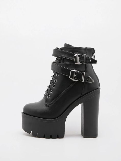 Egirl Shoes, Gogo Boots Outfit, Goth Heels, High Heel Combat Boots, Chunky Heeled Boots, Platform Combat Boots, Goth Shoes, Goth Boots, Black High Heel Boots