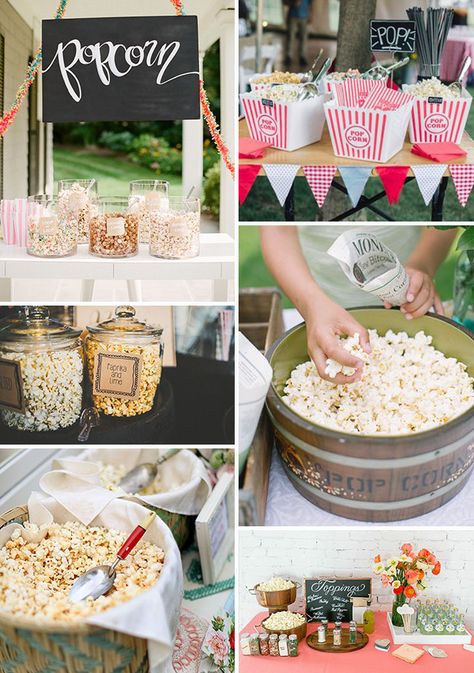 Popcorn At A Wedding, Popcorn Serving Ideas, Wedding Popcorn Bar, Popcorn Wedding Favors, Popcorn Wedding, Wedding Food Stations, Bar A Bonbon, Popcorn Treats, Popcorn Party