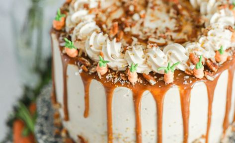 Caramel Carrot Cake Caramel Carrot Cake, Russian Buttercream, Carrot Cake Decoration, Caramel Ingredients, Salty Caramel, Carrot Cake Recipe, Fancy Desserts, Homemade Caramel, Cute Birthday Cakes