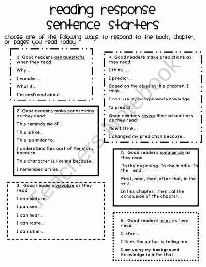 Sentence Starters for Kindergarten Unique Reading Response Sentence Starters Product From Sweet and Benchmark Advance, Partner Talk, Readers Notebook, Wristband Template, Reader Response, Sentence Starters, Teacher Notebook, Good Sentences, Comprehension Strategies