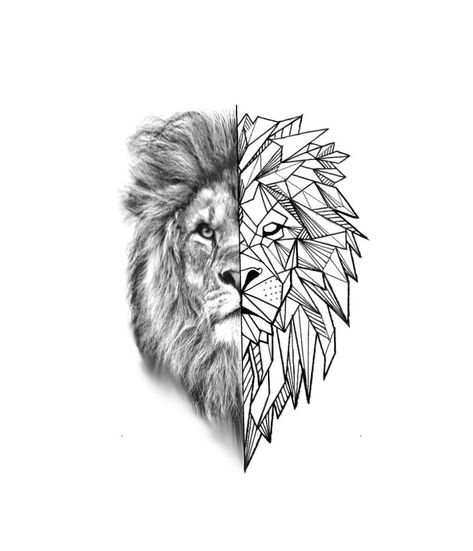 Lion Head Geometric Tattoo, Half Geometric Lion Tattoo Design, Lion Tattoo Line, Tiger Geometric Tattoo, Lion Stencil Tattoo, Lion Tattoo Geometric, Lion Line Tattoo, Tattoos Line Work, Lion Tattoo Stencil