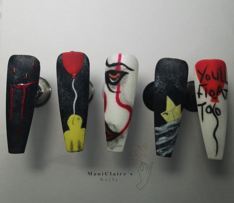 Penny Wise Nail Art, Penny Wise Nails, Pennywise Nails, Nail Art Designs Halloween, Nail Themes, Trendy Halloween Nails, Halloween Nail Art Designs, Character Nails, Horror Nails