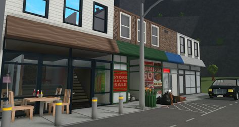 Apartment Ideas Bloxburg Exterior, Mcdonalds Exterior Bloxburg, Bloxburg Town Ideas Exterior, Bloxburg Street Ideas, Bloxburg Nyc Apartment Interior, Bloxburg Town Exterior, Bloxburg Town Layout Ideas Small Plot No Gamepasses, Bloxburg Corner Store, Bus Stop Bloxburg