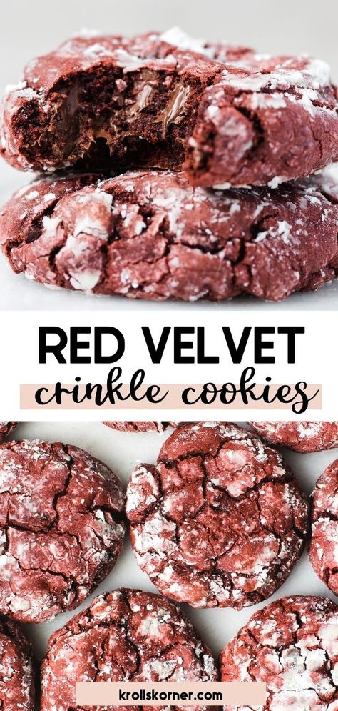 red velvet cookies coated in powdered sugar Red Velvet Crinkles, Red Velvet Crinkle Cookies, Quick Cookies Recipes, Red Velvet Recipes, Crinkle Cookies Recipe, Red Velvet Cookies, Dessert Simple, Crinkle Cookies, Oreo Dessert