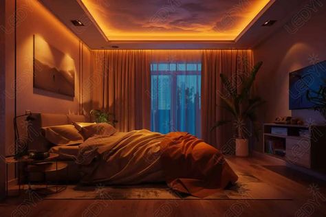 35 LED Strip Ideas for the Bedroom (2024) - LEDYi Lighting Living Room Strip Lighting, Orange Led Lights Aesthetic, Led Light Strip Ideas Bedrooms, Led Strip Ideas, Hue Lighting Ideas, Led Strip Lighting Ideas Bedroom, Ambient Lighting Bedroom, Led Lights Strip Ideas, Bedroom Mood Lighting