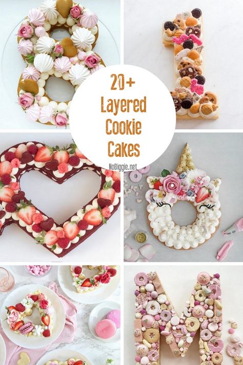 20  Layered Cookie Cakes! We are loving this new food trend! Be inspired by these beautiful and delicious sweet treats! Letter Cake With Macarons, Cookie Tart Cake, Layered Number Cake, Cream Tart Cake Recipe, Layered Cookie Cake Birthday, Cookie Letter Cake, Letter Cakes Ideas Initials, Cookie Cake Wedding Cakes, Letter Cakes Ideas