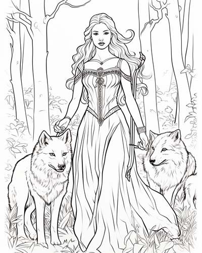 coloring page of Artemis and her dogs