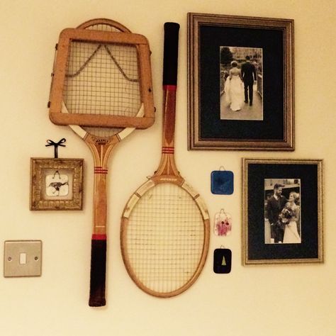 Tennis Rackets On Wall, Vintage Tennis Racket Wall Decor, Tennis Racket On Wall, Old Tennis Rackets Ideas, Old Tennis Racket Decor, Vintage Tennis Racket Decor Wall Art, Tennis Racket Wall Decor, Vintage Tennis Racket Decor, Wedding Picture Wall