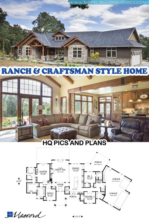 Craftsman Ranch Farmhouse, Single Level Craftsman Style Homes, Mission Style Homes House Plans, Beautiful Ranch Homes, Craftsman Exteriors, Modern Craftsman Style Homes, Luxury Ranch House Plans, Ranch Floor Plans, Craftsman Ranch House Plans