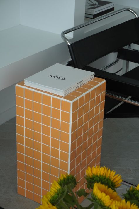 Tile-style Column Side Table, Mosaic Side Table, Diy Pedestal, Handmade Furniture Design, White Grout, Tile Tables, Orange Furniture, Diner Table, Tile Furniture