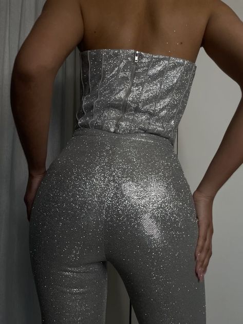 silver pants, sparkly pants, diamante pants, glow mesh, sparkles, silver corset, silver crop top, matching silver set Shimmer Background, Sparkly Pants, Glitter Pants, Top Corset, Strapless Crop Top, Birthday Outfits, Flared Pants, Shine On, Birthday Outfit