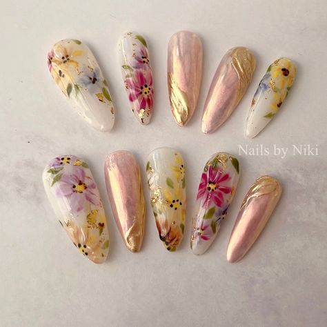 Hand painted floral designs with gold accents.. Floral Inspired Nails, Pink Floral Nail Art, Colorful Floral Nails, Clear Floral Nails, Floral Wedding Nails, Floral Nails Designs, Painted Nail Designs, Hand Painted Nail Art, Cruise Nails