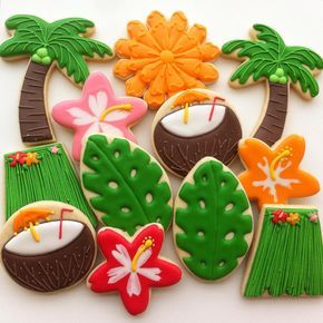 Party Food Summer, Tropical Cookies, Luau Cookies, Hawaiian Cookies, Summer Sugar Cookies, Art Cookies, Summer Cookie, Beach Cookies, Royal Iced Cookies