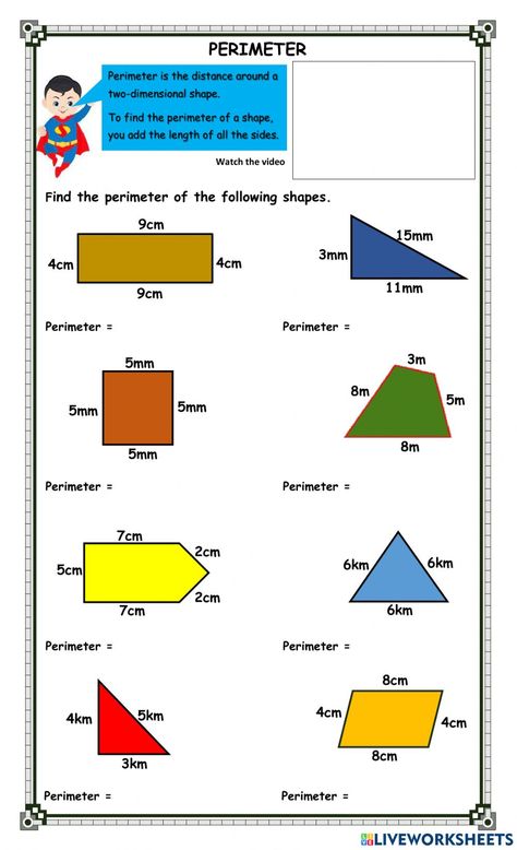 Perimeter 3rd Grade, Grade 6 Math Worksheets, Grade 5 Math Worksheets, Area And Perimeter Worksheets, Perimeter And Area, Area Worksheets, Find The Perimeter, Math Fact Worksheets, Perimeter Worksheets