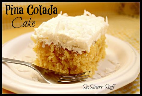 Six Sisters Pina Colada Cake on MyRecipeMagic.com #cake #pinacolada #recipe Pina Colada Cake Recipe, Pina Colada Poke Cake, Pina Colada Cake, Vegetarian Cake, A Piece Of Cake, Poke Cake, White Plate, Coconut Recipes, Instant Pudding