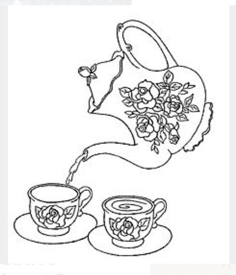 Tea Cup Drawing, Adult Colouring Pages, Pola Sulam, Embroidery Transfers, 자수 디자인, Tea Art, Rose Tea, Crewel Embroidery, Digi Stamps