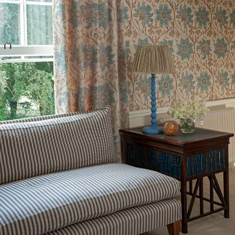 Palampore Blossom printed linen is used for curtains in this room with matching hand blocked wallpaper. Jajim Stripe cotton weave has been chosen to upholster the sofa  #SoaneFabrics #MadeInEngland #Floral Blues And Browns, Blossom Wallpaper, Soane Britain, Blue And Brown, Blue House, Printed Linen, New Room, Home Office Decor, Cottage Style