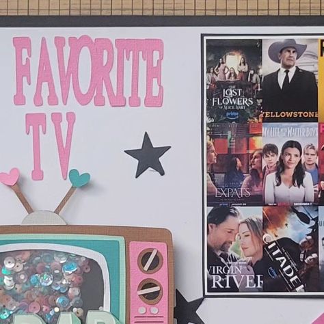 JoJo Kelly on Instagram: "A fun layout I made documenting my favorite TV shows.  #scrapbookingsinglepagelayout #scrappyconfessions #scrapbook #scrapbooking," Tv Scrapbook Ideas, 3d Scrapbook Ideas, 3d Scrapbook, For Scrapbook, Scrapbook Journal, A Tv, Scrapbook Ideas, Page Layout, Journal Pages