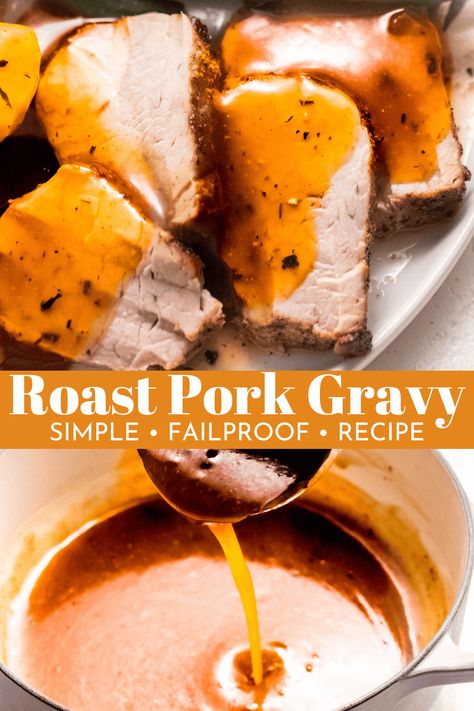 The secret to irresistible pork dinners? It’s this simple Roast Pork Gravy! Made with or without pork drippings and everyday seasonings, it’s a luxurious sauce that’ll add a gourmet touch to your weeknight meals. // from drippings // without drippings // homemade // from scratch // easy Homemade Pork Gravy, Pork Loin Gravy Recipes, Gravy For Pork, Easy Pork Gravy Recipe, Pork Roast Gravy From Drippings, Pork Gravy Without Drippings, Pork Roast Sauce, Roast Pork Gravy Recipe, Gravy For Pork Roast