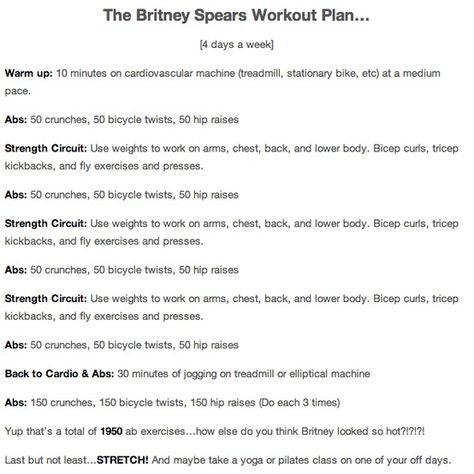 Britney Spears' workout. I have a newfound respect for her. I'm starting this new week Britney Spears Abs, Sahm Workout, Britney Spears Workout, Britney Spears Body, One Song Workouts, Tricep Kickback, Workout Training Programs, Body Challenge, Heath And Fitness