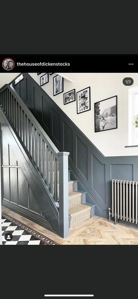 Dark Grey Panelling Hallway, Blue Grey Staircase, Navy Blue Banister, Black Staircase Panelling, Wayne Scotting Staircase, Wainscot Hallway, Paneled Staircase Wall, Charcoal Staircase, Black Panelling Hallway