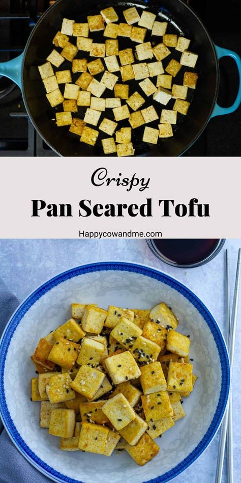 Crispy pan seared tofu is the easiest way to make the tastiest tofu for any dish! All you need is tofu, a tablespoon of cooking oil, and a skillet! Top your favorite salad with crispy pan seared tofu for a protein boost or use as a substitute for meat in recipes. This crispy tofu is also great on it's own served with a dipping sauce. This is sure to be your go-to tofu recipe! #tofu #crispytofu #vegan #veganrecipes Skillet Tofu Recipes, Seared Tofu Recipes, Ways To Prepare Tofu, Pan Seared Tofu, How To Cook Tofu In A Pan, Tofu Skillet, Substitute For Meat, Seared Tofu, Ways To Cook Tofu