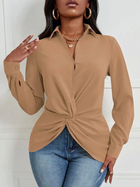 SHEIN SXY Twist Front Asymmetrical Hem Blouse | SHEIN USA Twist Front Top, Hem Blouse, Plain Tops, Collars For Women, Front Tie Top, Yellow Fashion, Blouse Shirt, Classic Outfits, Twist Front