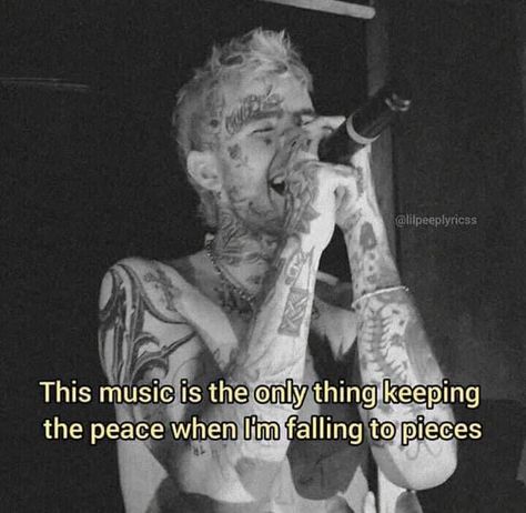 Picture of Lil Peep aka Gustav Elijah Åhr singing fan edit with quote “This music is the only thing keeping the peace when I’m falling to pieces.” from the song Star Shopping Lol Peep Quotes, Lil Peep Pictures, Elijah Core, Lil Peep Quotes, Lil Peep Star Shopping, Snapchat Posts, Keep The Peace, Im Falling, Meaningful Art