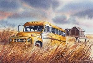 "Veteran" School Bus Art, December Art, Bus Art, School Buses, Art Trading Cards, American School, Number Three, Diy Watercolor Painting, Abstract Landscapes