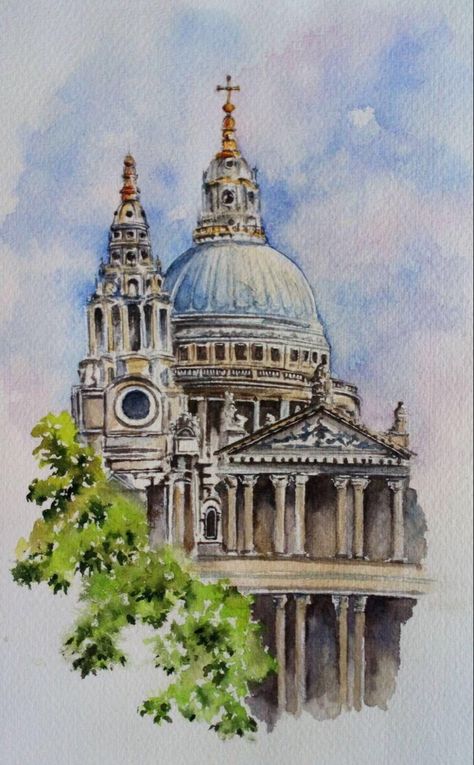 Watercolour Buildings Architecture, Buildings In Watercolor, Watercolor Building Paintings, Watercolor Monuments, Architecture Drawing Color, London Drawing Sketches, Watercolor Architecture Sketches, Easy Architecture Sketch, Art Architecture Drawing