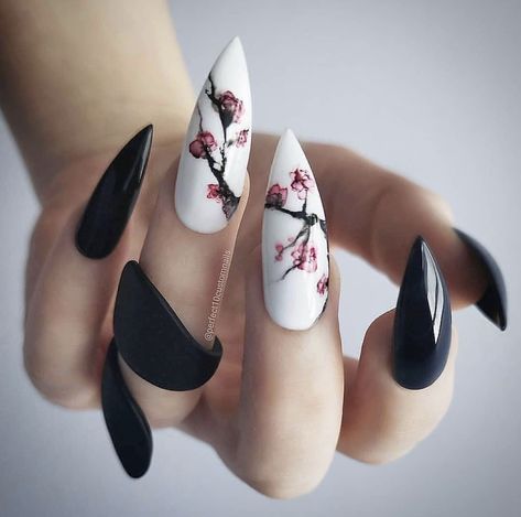 Follow me: @karinha0310 Cherry Blossom Nails, Unghie Nail Art, Stiletto Nail Art, Gothic Nails, Goth Nails, Stiletto Nails Designs, White Nail, Hot Nails, Pretty Acrylic Nails