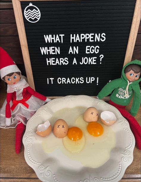 Elf On The Shelf Cracked Egg Joke, Cracked Egg Elf On The Shelf, Elf And Egg Joke, Egg Joke Elf On The Shelf, Beware Of The Crocs Elf, Elf Egg Cracks Up, Elf In Kitchen, Elf Egg Joke, Elf On The Shelf Egg Jokes