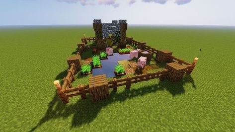 Minecraft Cow Pen Design, Cute Minecraft Pig Pen, Minecraft Pig Pen Design, Minecraft Pig Enclosure, Sheep Farm Minecraft Ideas, Pigsty Minecraft, Pig House Minecraft, Aesthetic Minecraft Animal Pen, Minecraft Pig Pen Ideas