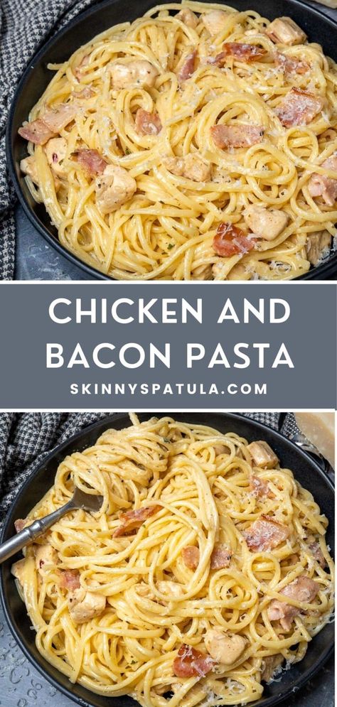 Chicken Bacon And Pasta Recipes, Chicken Bacon Spaghetti Recipe, One Pot Chicken Bacon Pasta, Pasta Chicken Bacon Recipes, Chicken Bacon Meals, Chicken And Turkey Bacon Recipes, Meals With Chicken And Bacon, Chicken And Bacon Pasta With Spinach, Chicken Bacon Penne Pasta