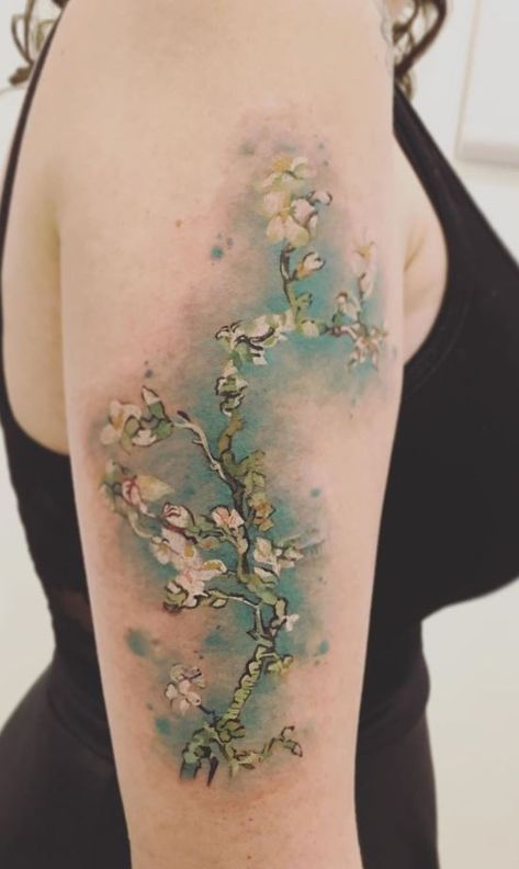 Almond Blossoms Tattoo - Get an InkGet an Ink Van Gogh Blossom Tattoo, Van Gogh Cherry Blossoms Tattoo, Van Gogh Almond Blossom Tattoo, Almond Blossoms Tattoo, Impressionism Tattoo, Monet Tattoo Ideas, Almond Tattoo, Almond Flower Tattoo, Almond Blossom Tattoo