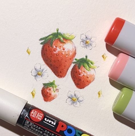 #art #strawberry #copic #posca #drawing #markers Strawberry Marker Drawing, Marker Art Sketchbook, Cute Things To Draw With Alcohol Markers, Alcohol Marker Sketchbook, Cute Strawberry Drawing Kawaii, Sketchbook Marker Drawings, Strawberry Drawing Cute, Cute Marker Art, How To Draw Strawberry