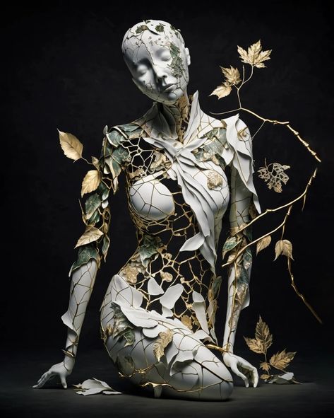 To forget, to fix, to repair. For all lost in memory, to be repaired with beauty. Shattered Person Art, A Level Art Sculpture, Kintsugi Character, Broken Sculpture, Kintsugi Aesthetic, Decaying Flowers, Beauty In Brokenness, Cracked Porcelain, Disease Art