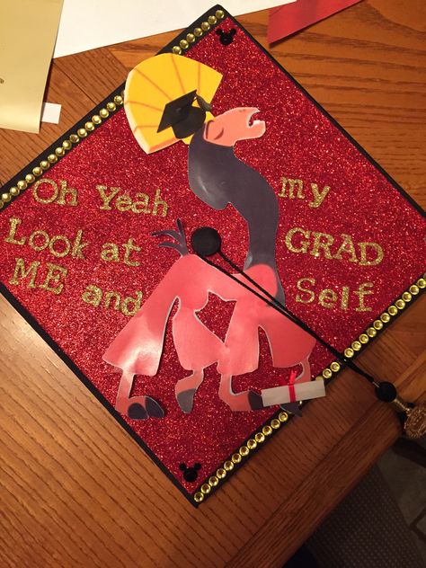 Grad cap I made for my friend! Emperors new groove Scream Graduation Cap, Disney Graduation Cap, Doug Funnie, Caps Design, Funny Graduation Caps, Creative Graduation Caps, Disney Graduation, College Grad Cap Ideas, Grad Cap Decorated