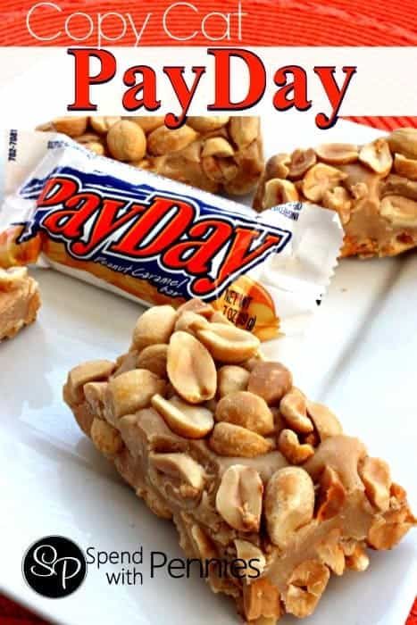 This Copy Cat PayDay Candy Bars are super fast and easy to make at home. Made with peanuts, marshmallows, and baking chips they are so yummy! Payday Bars, Payday Candy, Payday Candy Bar, Candy Bar Recipe, Pay Day, Spend With Pennies, Candy Recipes Homemade, Peanut Butter Chips, Homemade Candies