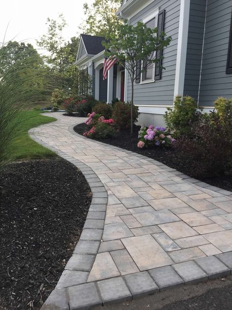 Pavers With Borders, Front Walkway Pavers, Front Yard Sidewalk Landscaping, Front Walkway Ideas Entrance Pathways, Paver Walkways To Front Door, Walkway Pavers Ideas, Landscape Sidewalk, Sidewalk Pavers, Paver Sidewalk