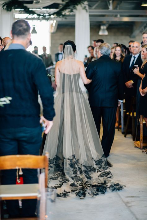 White Wedding Dress With Black Lace Overlay, Black Wedding Dress Bridal Party, White Wedding Dress Black Veil, Black Dress White Veil, Black Wedding Dress With Bridesmaids, Wedding Dress With Black Accents, Dark Bride, Asian Prom Dress, A Black Wedding