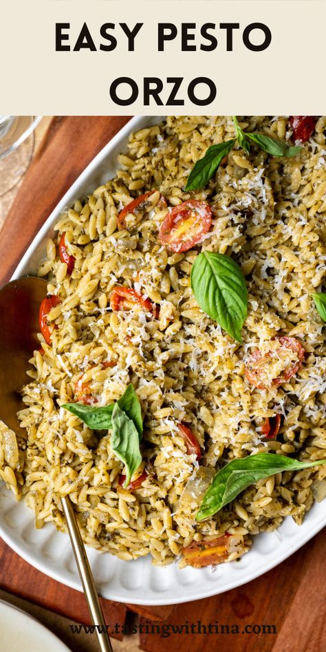 You are going to love this Pesto Orzo! This recipe has deliciously chewy orzo, flavorful pesto and juicy cherry tomatoes. This is a great weeknight recipe because it is easy to make and pairs well with a variety of main course dishes. Orzo With Pesto Recipe, Orzo With Pesto, Pesto Orzo Recipes, Orzo Recipes Healthy, Orzo Pesto, Orzo Dinner Recipes, Pesto Orzo, Creamy Pesto Pasta, Pesto Salmon