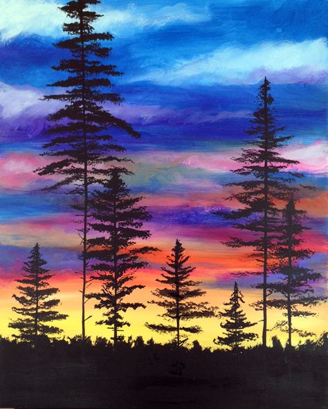 Sign up for a social painting event or book a private party. Paint a masterpiece while enjoying a cocktail. Social Painting, Boom Kunst, Painting Forest, Relaxing Environment, Painting Parties, Wine And Canvas, Forest Sunset, Watercolor Paintings For Beginners, Oil Pastel Art