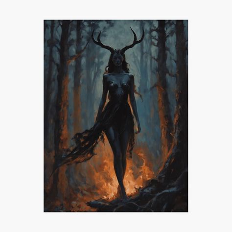 Get my art printed on awesome products. Support me at Redbubble #RBandME: https://www.redbubble.com/i/photographic-print/Horned-Goddess-Walking-Through-Fire-Empowerment-Goddess-by-Hecates-Daughter-Art-by-Arwen-Art/161962416.6Q0TX?asc=u Hecate Painting, Hecate Art, Walking Through Fire, Horned Goddess, Hecate Goddess, Painting Inspo, Goddess Art, Moon Goddess, Anime Music