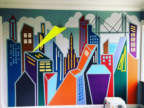 City Scape Mural, Hallway Mural, Cityscape Mural, Kids Murals, City Mural, Fire Kids, Superhero Bedroom, Stair Wall, Murals For Kids