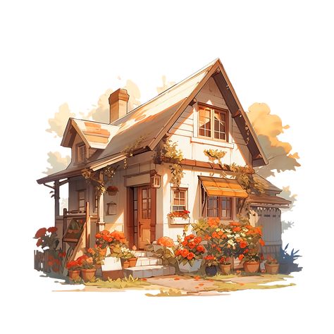 Cozy Cottage Filled with Summer Flowers in Rustic and Cottagecore Style Sticker Cottage Concept Art, Cottage Drawing, Cottage Illustration, Cottage Images, Minecraft House Plans, Small Cottage Homes, Cottagecore Art, Lazy Summer Days, Cottage Aesthetic