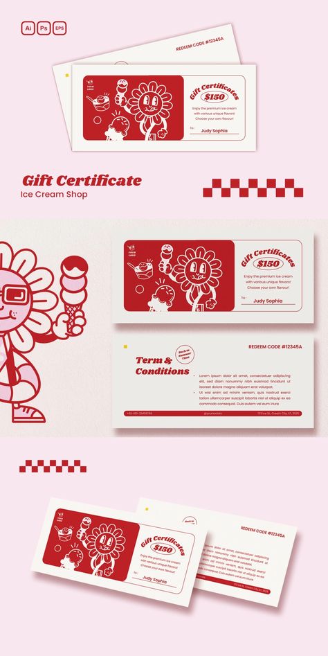 4 USD Ice Cream Store Gift Certificate Gift coupons, also known as gift cards, are a popular gift option because they allow recipients to choose what they want to buy. Gift certificates can be purchased in stores or online and can be physical cards or digital codes. FEATURES * 2 Pages * AI, EPS & PSD Files * Size 6 4 in / 15w x 10h cm * Well Organized ... gift,invitation,design,certificate,shop,template,cream,store,ice,vector,chocolate,promo,summer,voucher,coupon,discount,food,sundae,sw... Discount Coupons Design, Online Certificate Design, Free Drink Coupon, Gift Card Email Design, Promo Card Design, Drink Voucher Design, Fun Brochure Design, Coupon Graphic Design, Digital Card Ideas