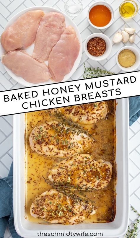 Tender and delicious these Baked Honey Mustard Chicken Breasts only take minutes to prep. Perfect as a main dish, on a salad, or even meal prepping, the possibilities are endless! Baked Honey Mustard Chicken Breast, Baked Honey Mustard Chicken, Baked Honey Dijon Chicken, Honey Mustard Chicken Oven, Honey Mustard baked Chicken Breast Recipes Mustard Sauce For Chicken, Honey Mustard Chicken Marinade, Baked Chicken Breast Recipes, Honey Chicken Breast, Mustard Marinade For Chicken, Baked Honey Mustard Chicken, Honey Mustard Chicken Breast, Mustard Chicken Breast, Honey Dijon Chicken