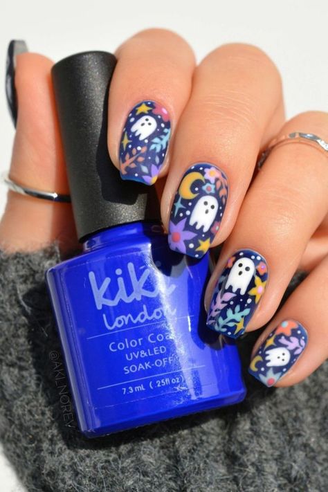 kiki london nail gel polish art builder gel biab designs manicure gellack gellac inspo inspiration trend trending nails vegan long lasting halloween blue ghost flower star star moon night Purple Prom Nails, Nail Striping Tape, Cruise Nails, Floral Halloween, Blue Halloween, Purple Prom, Gel Polish Nail Art, Gel Acrylic Nails, Nail Art For Beginners